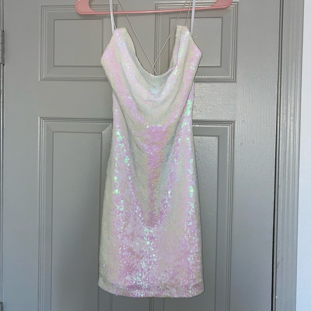 Iridescent white sequin body-con mini dress